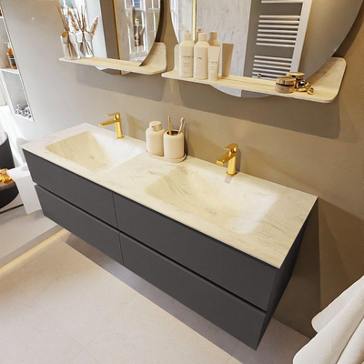 Mondiaz VICA-DLUX ensemble de meuble de salle de bain - 150cm - meuble sous-vasque gris foncé - 4 tiroirs - lavabo encastré cloud double - 2 trous de robinet - version haute de 60cm - opalo