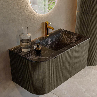 Mondiaz KURVE-DLUX Badkamermeubelset - 85x46x40cm - 1 lade - 1 deur - wastafel solid surface - rechts - 1 kraangat - Shadow