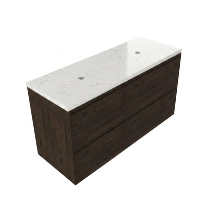 Saniclass Holz Pure Ensemble de meubles de salle de bains - 120x45x63cm - Plan vasque en marbre Dia poli (blanc) - sans trou de robinetterie - 4 tiroirs - chêne charcoal mat (bois)