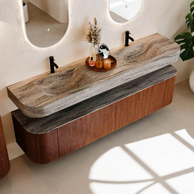 MONDIAZ THOR-DLUX 190cm badmeubel ronding links + rechts kleur Ruby met 2 lades en 2 deuren. Vrijhangende wastafel CLOUD Dubbel 2 kraangaten kleur Oza.