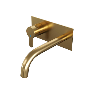 BRAUER Gold Edition Wastafelmengkraan inbouw - gebogen uitloop rechts - hendel plat smal - inclusief inbouwdeel - afdekplaat - model D2 PVD - geborsteld goud