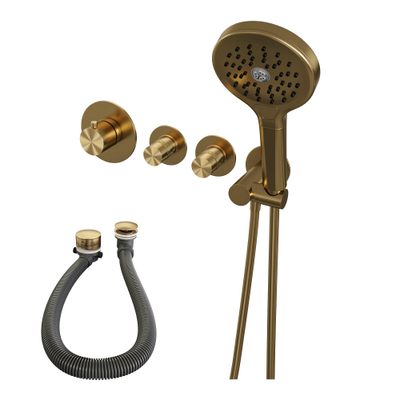 Robinet de baignoire encastré Brauer Gold Edition - ensemble de douche - 3 boutons lisses - douchette ronde 3 positions - PVD - or brossé