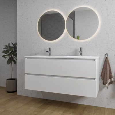 Saniclass Chaci Meuble de salle de bain - 120x45x55cm - lavabo en céramique brillant blanc - 2 vasques - 2 trous de robinet - 2 tiroirs - blanc mat