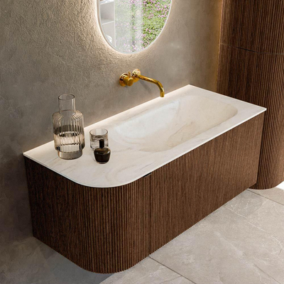 MONDIAZ KURVE-DLUX 105cm badmeubel met module 25 L kleur Walnut met 1 lade en 1 deur. Wastafel BIG SMALL rechts zonder kraangat kleur Ostra.