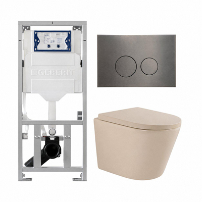 QeramiQ Dely Toiletset - 36.3x51.7cm - diepspoel - rimless - Geberit UP320 inbouwreservoir - softclose toilet zitting - 35mm - gunmetal bedieningsplaat - ronde knoppen - mat beige