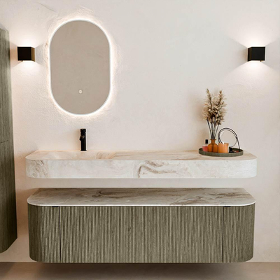 MONDIAZ THOR-DLUX 160cm meuble de salle de bains arrondi gauche + droite couleur Shadow avec 1 tiroir et 2 portes. Vasque suspendue CLOUD Gauche 1 trou de robinet couleur Frappe.