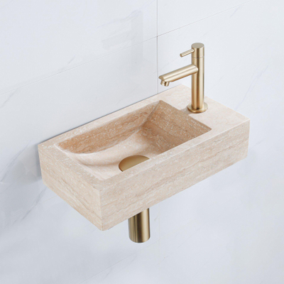 Saniclass Fuente pack lave-mains – rectangulaire – 40 x 22 x 10 cm – travertin beige – robinet doré brossé