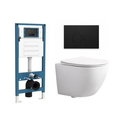 QeramiQ Dely Swirl Ensemble WC Compact - réservoir encastré QeramiQ flush - abattant fin - plaque de commande en plastique noir mat - boutons ronds - blanc brillant