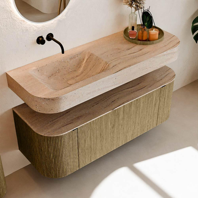 MONDIAZ THOR-DLUX 130cm meuble de salle de bains arrondi gauche + droite couleur Dusk avec 1 tiroir et 2 portes. Vasque suspendue CLOUD Gauche sans trou de robinet couleur Saba.