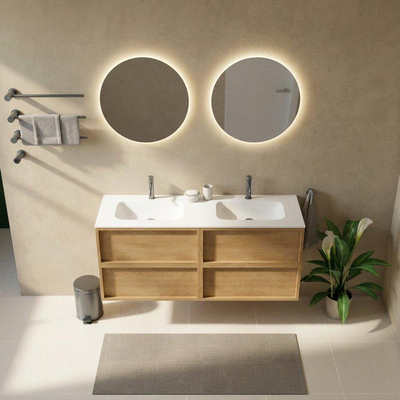 Saniclass Holz Frame Ensemble meuble de salle de bains - 140x45x61.5cm - Flow lavabo en solid surface - 2 vasques - 2 trous de robinetterie - avec trop-plein - 4 tiroirs - chêne natural mat (bois)