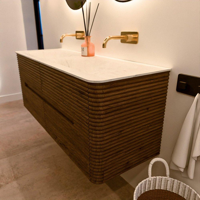 Mondiaz CIRO-DLUX Badkamermeubelset - 130x45x50cm - Solid surface wastafel Opalo - 2 wasbak Dubbel - zonder kraangaten - 4 lades - Dusk
