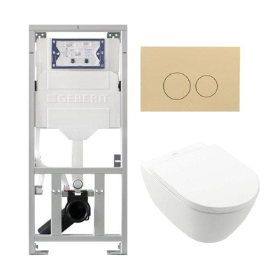 Villeroy Boch Subway 2.0 DirectFlush Pack WC suspendu - bâti-support Geberit - abattant softclose - plaque de commande QeramiQ beige - boutons ronds - blanc