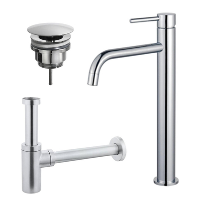 FugaFlow Eccelente Sobrado Slim Slim Kit mitigeur lavabo - robinet rehaussé - bonde nonobturable - siphon design - Chrome brillant