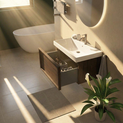 Saniclass Holz Frame Ensemble meuble de salle de bains - 80x45x47.5cm - lavabo Wave en céramique - 1 vasque - 1 trou de robinetterie - 1 tiroir - chêne charcoal mat (bois)