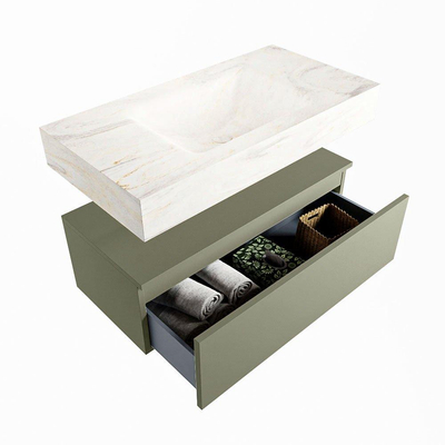 Mondiaz ALAN-DLUX Ensemble de meuble - 90cm - meuble Army mat - 1 tiroir - Lavabo Cloud Ostra suspendu - vasque Centre - 0 trous de robinet