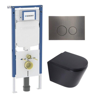 QeramiQ Dely Toiletset - 36.3x51.7cm - diepspoel - rimless - Geberit UP720 inbouwreservoir - softclose toilet zitting 35 mm - gunmetal bedieningsplaat - ronde knoppen - mat zwart