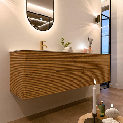 Mondiaz CIRO-DLUX Ensemble de meubles de salle de bains - 170x45x50cm - Plan-vasque solid surface Opalo - 1 vasque à gauche - 1 trou de robinetterie - 4 tiroirs - Chêne