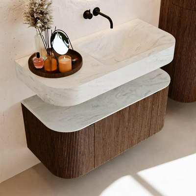 MONDIAZ THOR-DLUX 100cm meuble de salle de bains arrondi gauche + droite couleur Walnut avec 1 tiroir et 2 portes. Vasque suspendue CLOUD Droite sans trou de robinet couleur Opalo.