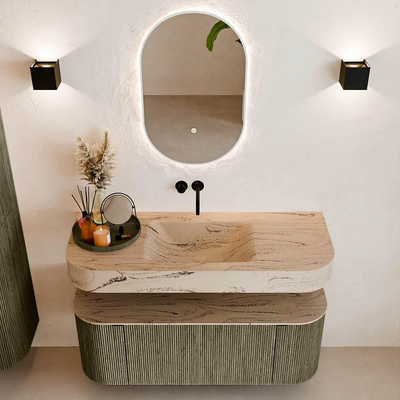 MONDIAZ THOR-DLUX 120cm meuble de salle de bains arrondi gauche + droite couleur Shadow avec 1 tiroir et 2 portes. Vasque suspendue CLOUD Milieu sans trou de robinet couleur Arena.