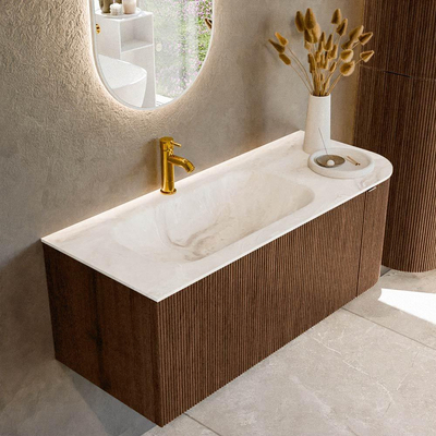 MONDIAZ KURVE-DLUX Meuble de salle de bains 115 cm avec module 25 R couleur Walnut avec 1 tiroir et 1 porte. Lavabo BIG SMALL gauche 1 trou de robinet couleur Frappe.