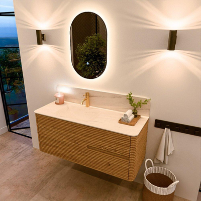 Mondiaz CIRO-DLUX Meuble de salle de bains - 120x45x50cm - Vasque solid surface Meli - 1 lavabo à gauche - 1 trou de robinet - 2 tiroirs - Chêne