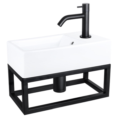 Differnz Force fonteinset – 40x22x11.5 cm – keramiek wit – gebogen mat zwarte kraan – met zwart frame