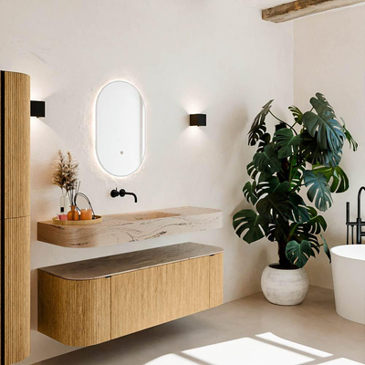 MONDIAZ THOR-DLUX Meuble de salle de bains 140cm arrondi gauche + droite couleur Oak avec 1 tiroir et 2 portes. Vasque suspendue CLOUD Milieu sans trou de robinet couleur Arena.