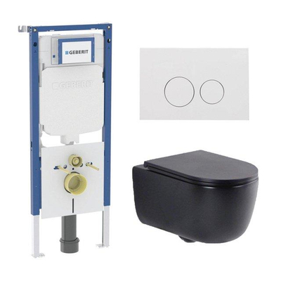 QeramiQ Dely Swirl Toiletset - 36.3x51.7cm - Geberit UP720 Duofix Sigma inbouwreservoir - slim zitting - glans witte bedieningsplaat - ronde knoppen - mat zwart