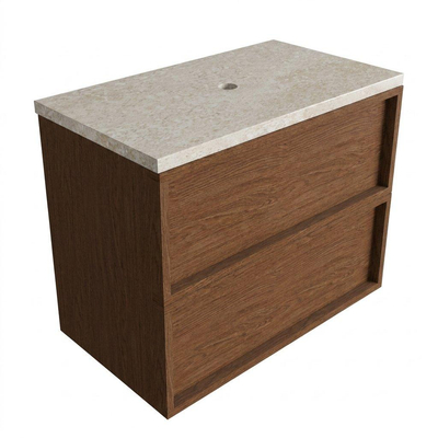 Saniclass Holz Frame Ensemble meuble de salle de bains - 80x45x63cm - plan en pierre naturelle travertin - sans trou de robinet - 2 tiroirs - noyer pur mat (bois)