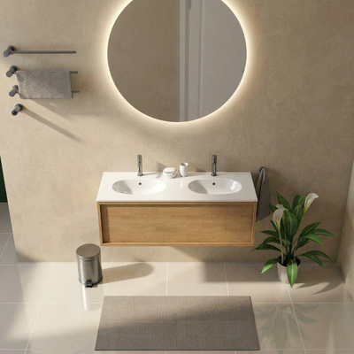 Saniclass Holz Frame Ensemble meuble de salle de bains - 120x45x54cm - lavabo Chaci en céramique blanc - 2 vasques - 2 trous de robinetterie - 1 tiroir - chêne natural mat (bois)