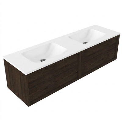 Saniclass Holz Frame Ensemble meuble de salle de bains - 160x45x57.5cm - vasque Torino en solid surface blanc - sans trou de robinet - 2 tiroirs - chêne charcoal mat (bois)