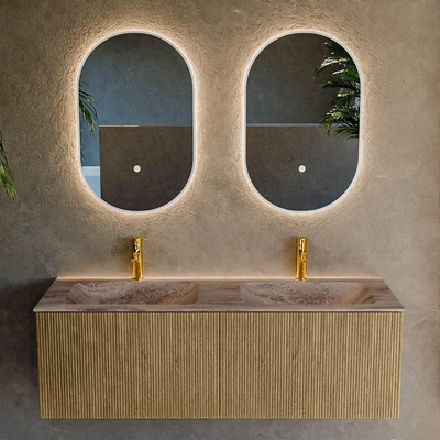 MONDIAZ KURVE-DLUX Meuble de salle de bains 130cm couleur Dusk avec 2 tiroirs et 0 portes. Lavabo LEAF Double 2 trous de robinet Oza.