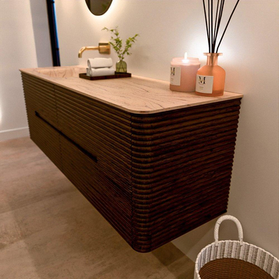 Mondiaz CIRO-DLUX Meuble de salle de bains - 150x45x50cm - Plan vasque solid surface Arena - 1 lavabo à gauche - sans trous de robinetterie - 4 tiroirs - Noyer