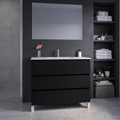 Saniclass Chaci PLUS Meuble de salle de bain - 100x86x46cm - lavabo en céramique blanc - 1 vasque - 1 trou de robinet - 3 tiroirs - miroir rectangulaire - noir mat