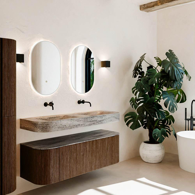 MONDIAZ THOR-DLUX 140cm meuble de salle de bains arrondi gauche + droite couleur Walnut avec 1 tiroir et 2 portes. Vasque suspendue CLOUD Double sans trou de robinet couleur Oza.