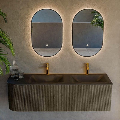 Mondiaz KURVE Ensemble de meuble de salle de bains - 145x46x40cm - 1 tiroir - 1 porte - lavabo solid surface - double / droit - 2 trous de robinet - Shadow