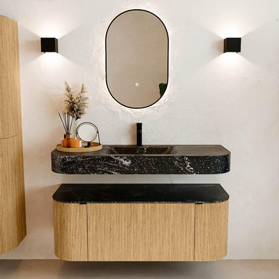 MONDIAZ THOR-DLUX 120cm badmeubel ronding links + rechts kleur Oak met 1 lade en 2 deuren. Vrijhangende wastafel CLOUD Midden 1 kraangat kleur Lava.