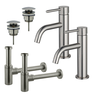 FortiFura Calvi Kit robinet lavabo - pour double vasque - robinet bas - bonde clic clac - siphon design - Inox brossé PVD