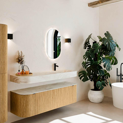 MONDIAZ THOR-DLUX 150cm meuble de salle de bains arrondi gauche + droite couleur Oak avec 1 tiroir et 2 portes. Vasque suspendue CLOUD Droite 1 trou de robinet couleur Ostra.