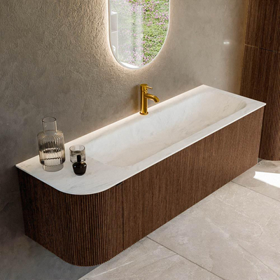 MONDIAZ KURVE-DLUX Meuble de salle de bains 145 cm avec module 25 L couleur Walnut avec 1 tiroir et 1 porte. Lavabo BIG LARGE à droite 1 trou de robinet couleur Opalo.