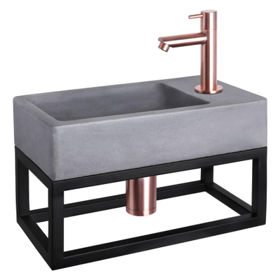 Differnz Force kit lave-mains - 40x22x8cm - Rectangulaire - 1 trou de robinet - Robinet rose cuivre droit - avec cadre noir - Béton Gris