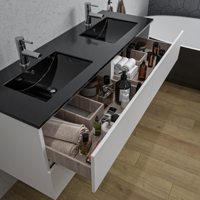 Saniclass Chaci Meuble de salle de bain - 140x46x55cm - lavabo en céramique noir - 2 vasques - 2 trous de robinet - 4 tiroirs - blanc mat