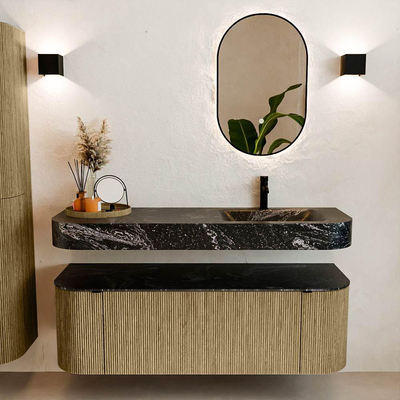 MONDIAZ THOR-DLUX 140cm meuble de salle de bains arrondi gauche + droite couleur Dusk avec 1 tiroir et 2 portes. Vasque suspendue CLOUD Droite 1 trou de robinet couleur Lava.