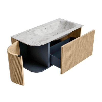 MONDIAZ KURVE-DLUX 95cm badmeubel met module 25 L kleur Oak met 1 lade en 1 deur. Wastafel BIG SMALL rechts 1 kraangat kleur Glace.
