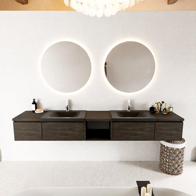 MONDIAZ BUKLA 240cm ensemble de meuble avec module ouvert 40 au milieu couleur Marron foncé avec 4 tiroirs. Lavabo CLOUD double 2 trous de robinet couleur Urban.