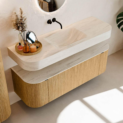 MONDIAZ THOR-DLUX 140cm badmeubel ronding links + rechts kleur Oak met 1 lade en 2 deuren. Vrijhangende wastafel CLOUD Midden zonder kraangat kleur Meli.