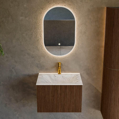 MONDIAZ KURVE-DLUX 60cm badmeubel kleur Walnut met 1 lade. Wastafel CLOUD midden 1 kraangat kleur Glace.