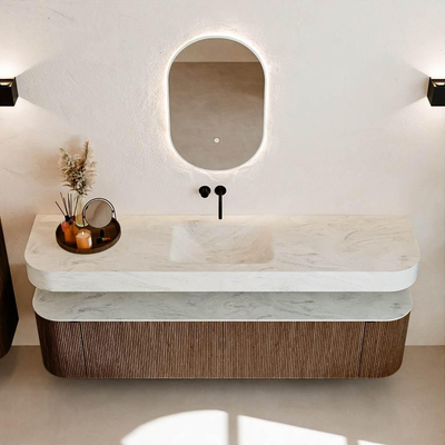 MONDIAZ THOR-DLUX Meuble de salle de bains - 190cm - arrondi gauche + droite - couleur Walnut - 2 tiroirs - 2 portes - Vasque suspendue CLOUD Milieu sans trou de robinet - couleur Opalo