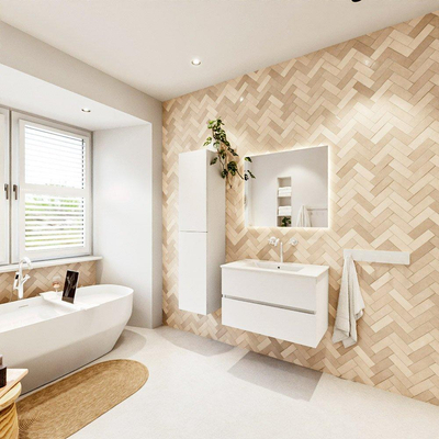 MONDIAZ VICA meuble sous lavabo 80cm Talc 2 tiroirs. Lavabo DENIA centre 1 trou de robinet, couleur Blanc Brillant.