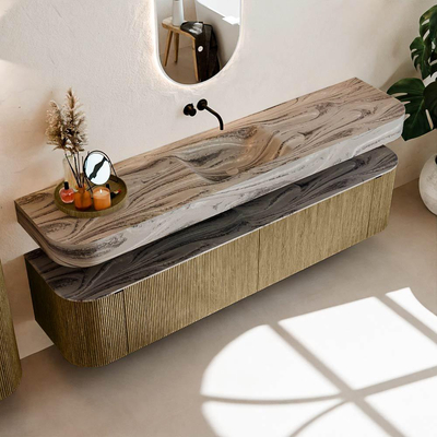 MONDIAZ THOR-DLUX 200cm meuble de salle de bains arrondi gauche + droite couleur Dusk avec 2 tiroirs et 2 portes. Vasque suspendue CLOUD Milieu sans trou de robinet couleur Sombra.